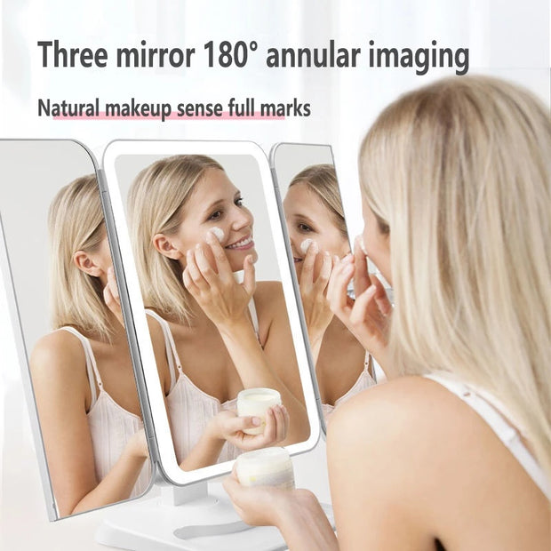 Trifold Makeup Mirror With Light 68 LED Vanity Mirrors 10X Magnifying 180Rotation