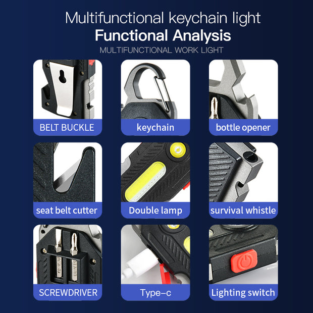 Multifunctional Charging Emergency Light Convenient Keychain Work Light COB High Brightness Maintenance Light Outdoor Camping LED Light